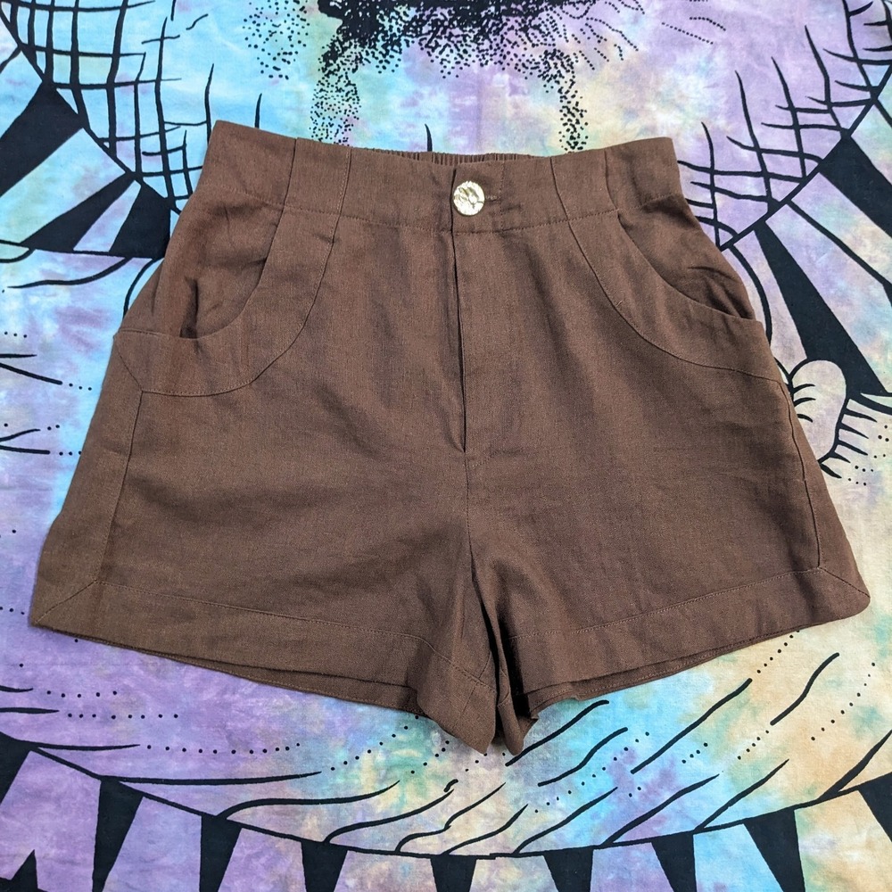 House of Harlow 1960 Linen Blend Shorts XS Chocolate Brown High Waist Tailored